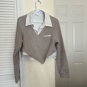 gray and white cropped collared shirt